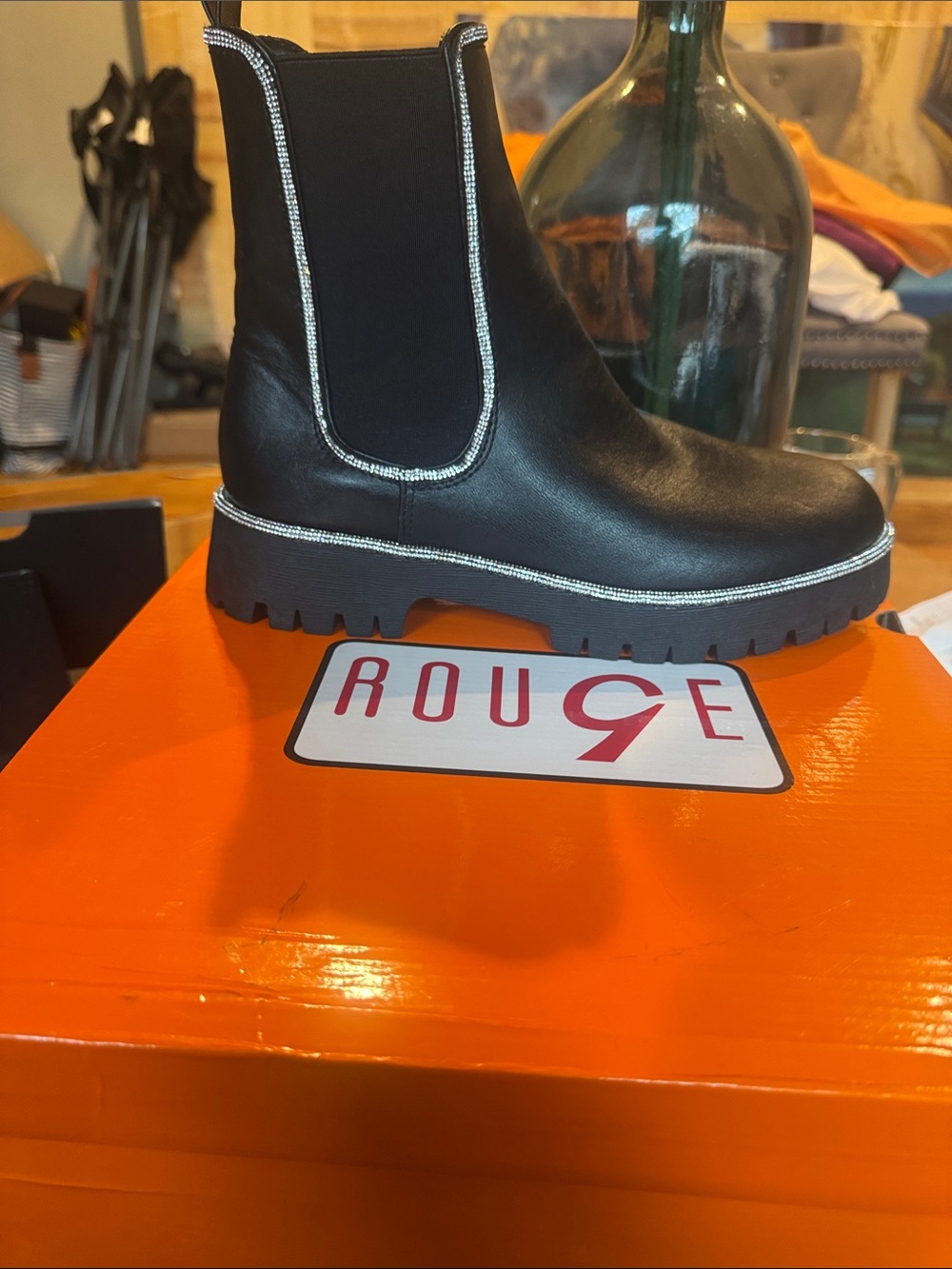 Women’s Rouge! Black Slip On Combat Boots with Shiny Silver Trim Stitching